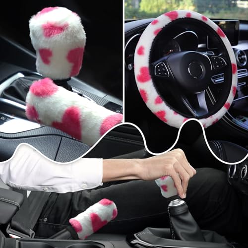 SuperKaKa 3PCS Plush Heart Print Steering Wheel Cover,Auto Furry Cute Shift Gear & Hand Brake Covers Soft Warm Universal Car Interior Accessories for Women Men(Pink Heart) - color: Pink Heart