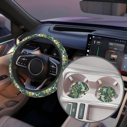 Dinosaurs and Tropical Leaves Steering Wheel Cover with 2 Pcs Car Coasters Neoprene Steering Wheel Cover for Women Men Anti-Slip Breathable Car Accessories Universal 15 Inch Fit Auto Cars Trucks - color: Dinosaurs and Tropical Leaves