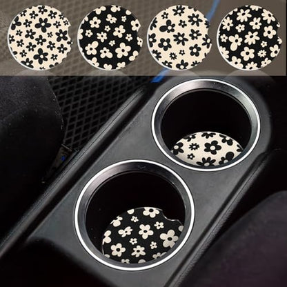 Boao 4 Pcs White Flower Car Cupholder Coasters for Valentine's Day, Ceramic Coasters 2.56'' Anti Slip Base with Finger Notch for Dry Clean, Car Interior Accessories, Birthday Gifts - style: White Flower