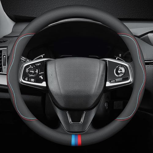 HAOTULE New Nappa Leather car Steering Wheel Cover, Universal 15 inch Black - color: Black(red and Blue Signs)