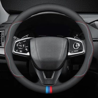 HAOTULE New Nappa Leather car Steering Wheel Cover, Universal 15 inch Black - color: Black(red and Blue Signs)