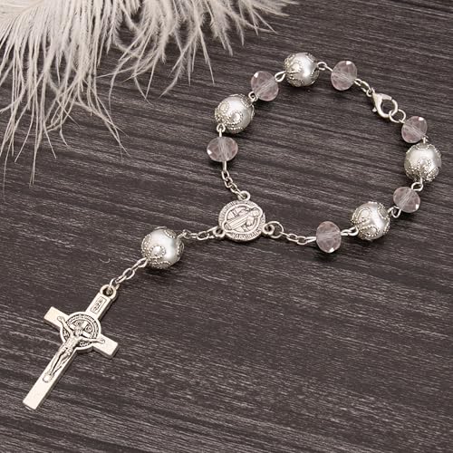 One Decade Car Rosary with St. Benedict Medal Catholic Auto Rear View Mirror Charm Pink Glass Beads Spiritual Protection Pendant Religious Car Accessories for Men and Women - color: Pink