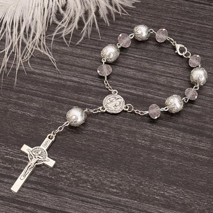 One Decade Car Rosary with St. Benedict Medal Catholic Auto Rear View Mirror Charm Pink Glass Beads Spiritual Protection Pendant Religious Car Accessories for Men and Women - color: Pink