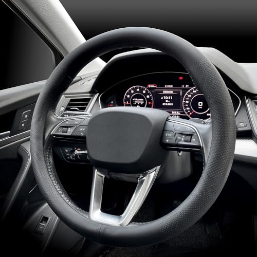 LKWLIKEI Nappa Premium Leather car Steering Wheel Cover, Non-Slip, Breathable, Universal 15 inches, Black. - color: Black
