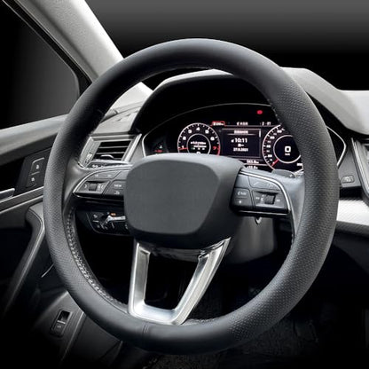 LKWLIKEI Nappa Premium Leather car Steering Wheel Cover, Non-Slip, Breathable, Universal 15 inches, Black. - color: Black