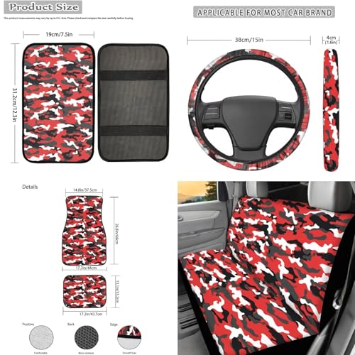 17Pcs Red Camo Print Car Seat Cover Set, Easy Install, Car Seat Cover with Mats Steering Wheel Cover Armrest Cover Car Seat Belt Covers Car Coaster Keychain Roof Gloves - color: Red Camo Print