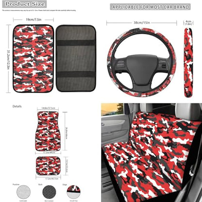 17Pcs Red Camo Print Car Seat Cover Set, Easy Install, Car Seat Cover with Mats Steering Wheel Cover Armrest Cover Car Seat Belt Covers Car Coaster Keychain Roof Gloves - color: Red Camo Print