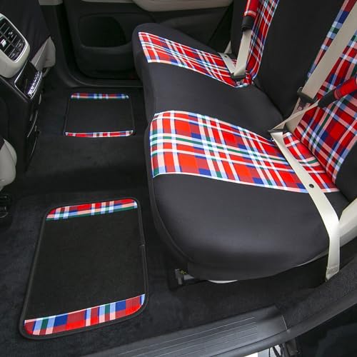 FH Group Full Set Plaid Print Cloth Car Seat Covers Combo Set with Carpet Floor Mats, Universal Fit, Washable Seat Cover for SUV, Sedan, Red - color: Red