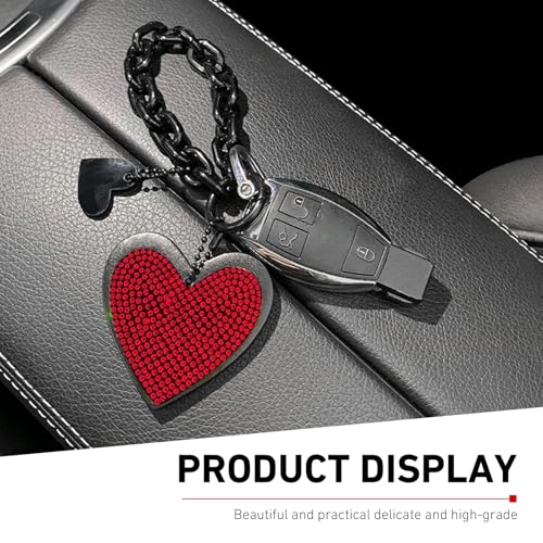 Cute Heart Keychain, Pretty Bling Key Chain Accessories, Sparkling Diamond-Studded Microfiber Leather Car Keyring Wristlet - color: Red
