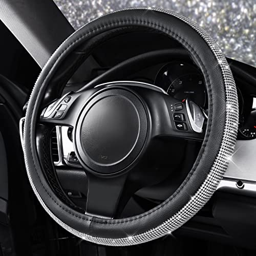 CAR PASS Bling Diamond Leather Steering Wheel Cover, with Bling Sparkly Crystal Glitter Rhinestones Universal Fit 14.5in-15in Car Wheel Protector for Women Girl Fit Suvs,Vans,Sedans,Car,Trucks, Silver