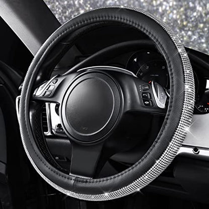 CAR PASS Bling Silver Diamond Leather Steering Wheel Cover, with Sparkly Crystal Glitter Rhinestone Universal Fit 13" 1/2-14" Small Car Wheel Protector for Women Girl Fit Car,SUV,Van,Sedan, Silver - color: Silver Diamond Leather Small