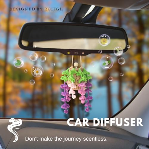 ROFIGL Handmade Crochet Hanging Car Air Freshener - Botanical Wisteria Blossom Design with 12ml Refillable Glass Essential Oil Bottle, Long-Lasting Car Diffuser & Nature-Inspired Decor - style: Wisteria