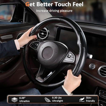 Aimato Carbon Fiber Steering Wheel Cover 2 Piece Non-Slip Clip on Steering Wheel Cover,Ultra-Thin Breathable,Universal Fit 14.5"-15" Wheel,Matte Black