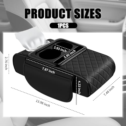 5-in-1 Car Center Console Cover,Leather Car Armrest Cover with Cup Holder/Storage Pocket/Phone Holder/Cars Tissue Holders,Thickened Cars Armrest Storage Box for Relieving Elbow Fatigue (Black) - color: Black