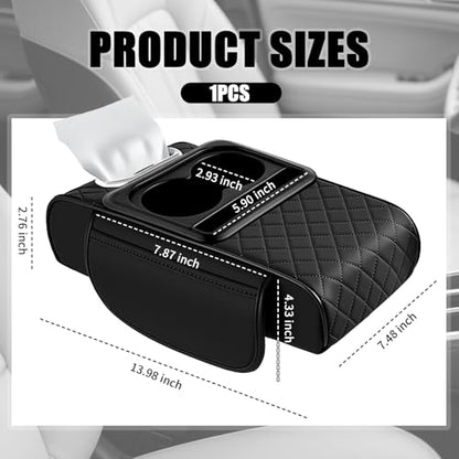 5-in-1 Car Center Console Cover,Leather Car Armrest Cover with Cup Holder/Storage Pocket/Phone Holder/Cars Tissue Holders,Thickened Cars Armrest Storage Box for Relieving Elbow Fatigue (Black) - color: Black