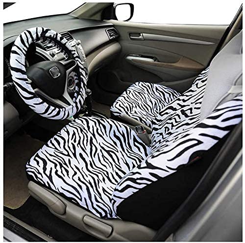 AUTOFAN Zebra Car Seat Covers for Full Set with 2 Seat Belt Pads & Universal 15 Inch Steering Wheel Cover Fit for Cars, Trucks, SUV, or Van - color: animal zebra