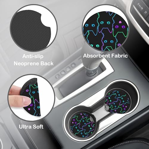 Neon Light Cat Steering Wheel Cover with 2 Pcs Car Coasters Neoprene Steering Wheel Cover for Women Men Anti-Slip Breathable Car Accessories Universal 15 Inch Fit Auto Cars Trucks - color: Neon Light Cat