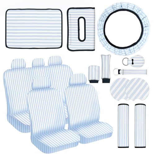 Stripe Car Seat Cover Full Set,Stripe Steering Wheel Cover Suitable for Universal Car Accessories Interior Set,Suitable for Sedans,SUVs - color: Blue&White