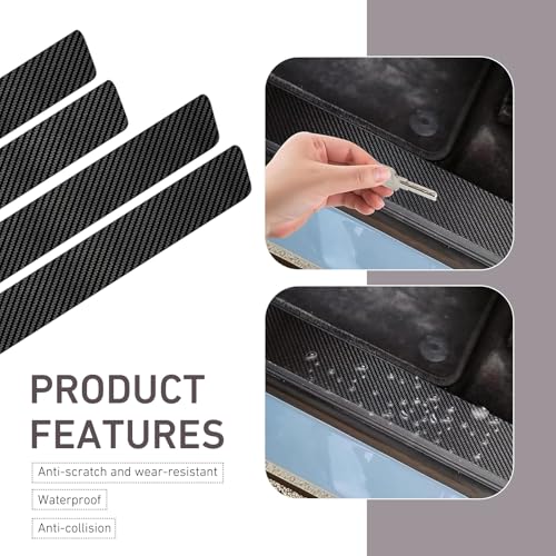 4 PCS Car Door Sill Protectors, Carbon Fiber Anti-Scratch Strip with Flat Shovel, Waterproof Door Threshold Protective Trim, Universal Self-Adhesive Exterior Accessory for Cars (Black)