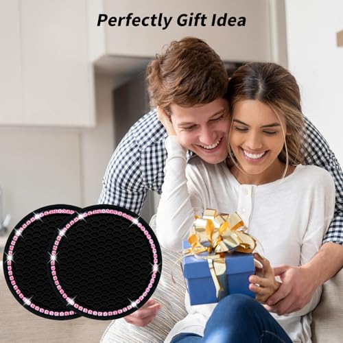 Car Coasters, Senose Bling Car Accessories for Women, Universal 2.75" Anti-Slip Silicone Cup Holder Coasters for Car, Cute Automotive Cup Holders Diamond Vehicle Interior Decor (Black Pink, 2 Pack)