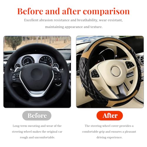 Car Accessories Set, 14.5-15" Leather Vehicle Steering Wheel Cover, Seat Belt Cushion, Gear Shift and Handbrake Cover, Center Console Protector, Universal for Truck SUV Van (Beige) - color: Beige