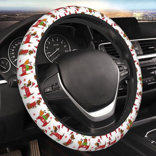 Christmas Dachshund Dog Car Steering Wheel Cover,Non-Slip Elastic Neoprene-Sweat Car Accessories,Universal 15 Inch Fit Auto, Vans Trucks,Suvs, Truck - color: Dachshund Dog