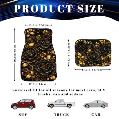 Rose Car Floor Mats Set of 4 Black Gold Floral Luxury Gothic Botanical Art Automotive Foot Mats Rugs Carpet for Car Non-Slip Auto Car Accessories Universal Fit for Car SUV Truck Van