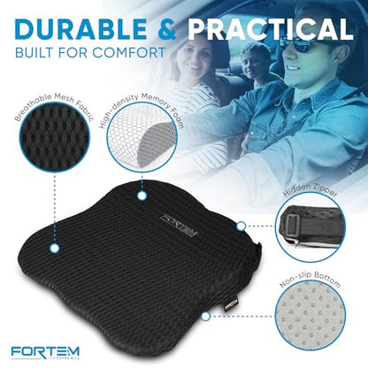 FORTEM Car Seat Cushion and Back Support Pillow, Memory Foam Car Wedge Cushion, Comfort Back Rest and Lumbar Support for Driving, Non Slip Seat Pad, Adjustable Straps, Washable Cover - size: XL (Combo)