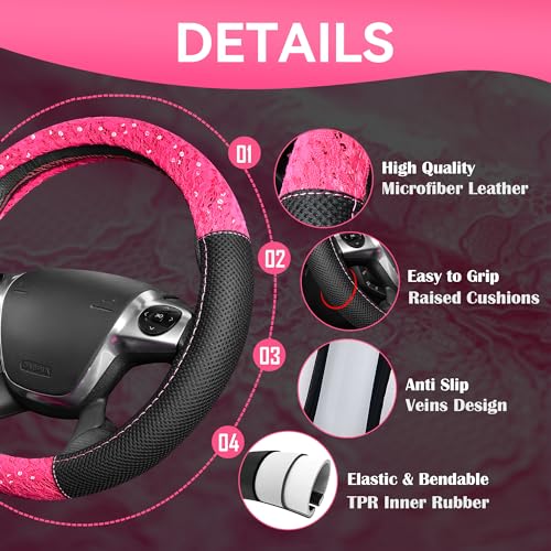 CAR PASS Universal Leather Pink Lace Car Seat Covers Full Set for Women Girls, Waterproof Car Floor Mats Carpet, Steering Wheel Cover for Car Accessories Interior Sets 10PCS Included