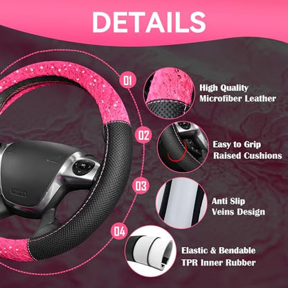 CAR PASS Universal Leather Pink Lace Car Seat Covers Full Set for Women Girls, Waterproof Car Floor Mats Carpet, Steering Wheel Cover for Car Accessories Interior Sets 10PCS Included
