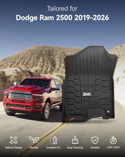 3W Floor Mats for 2019-2025 2026 Dodge Ram 2500/3500 Crew Cab, All Weather TPE Custom Fit Dodge Ram 2500/3500 Floor Liners 1st Row (for Carpet Floor), Front Row,2-pc Black - size: 3.Ram 2500 2019-2026 Front Floor Mats