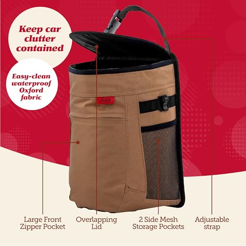 Lusso Gear Spill-Proof Car Trash Can - Easy to Clean Hanging Garbage Bin - Leak-Proof Lid, Removable Liner, Waterproof - Keeps Truck, SUV, Car, Minivan Clean & Odor Free - 2.5 Gallon Tan Car Trash Can - color: 1-Pack Tan, style: 2.5 Gal