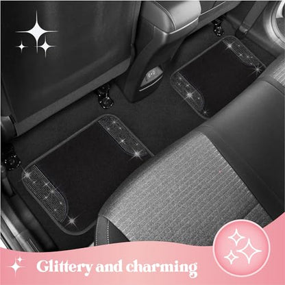 Carbella Diamond Bling Car Mats 4-Piece Set, Shiny Rhinestone Crystal Carpet Car Floor Mats, Two-Tone Floor Mats for Cars, Cute Automotive Interior Car Accessories for Women (Black)