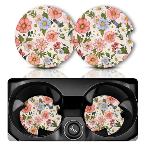 Yonlevres Car Coasters for Cup Holders，2.75" Universal Size Anti Slip Rubber Mat with A Finger Notch, 2 Pack Cup Holder Coasters for Car Interior Accessories for Women Men Flower - color: Cute Flower