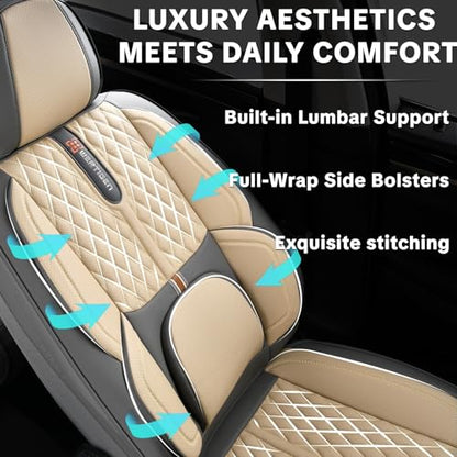 Khaki Car Seat Cover Complete Set, Universal Car Seat Cover for Car with Lumbar Support, Premium Artificial Leather, Waterproof and Easy to Clean, Airbag Compatible, Seat Heating Compatible - color: B_Khaki