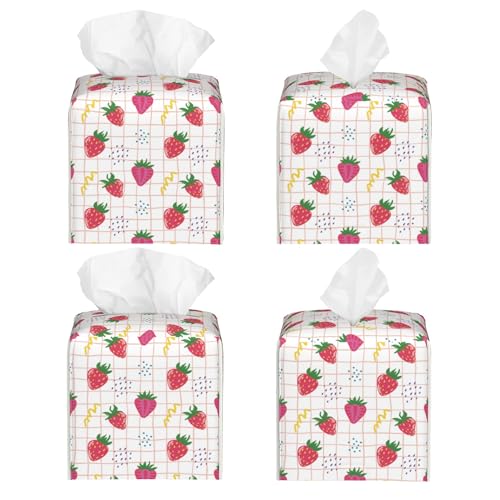 Cute Pink Strawberries Tissue Box Cover Square,Cartoon Strawberry Fruits Tissue Box Holder Waterproof Leather Facial Paper Organizer Dispenser for Bathroom Home Car Nightstand Vanity Desk - color: Color-14