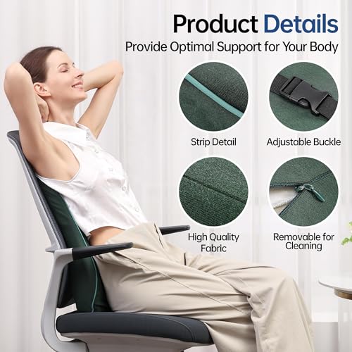Plush & Comfortable Memory Foam Lumbar Support Pillow - Soft Back Cushion for Office Chair, Car Seat, Gaming Chair - Ergonomic Lower Back Pain Relief with Adjustable Straps & Washable Cover-Dark Green