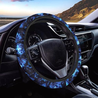 AFPANQZ Skull Blue Flame Automotive Steering Wheel Covers Universal Fit 14 to 15 inch Steering Wheel Covers with Cloth for Women Keep Warm Comfort Grip Sweat Absorption Neoprene - color: Skull Blue Flame