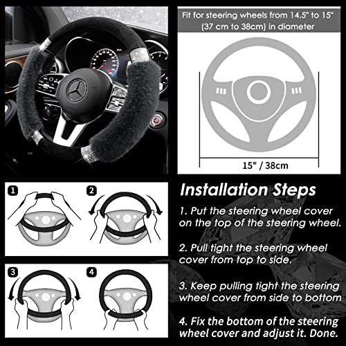 Achiou Rhinestone Fluffy Steering Wheel Cover - Comfortable Non-Slip Luxury Faux Wool, Universal Fit for 14.5" to 15" Steering Wheels - color: Black and Gray