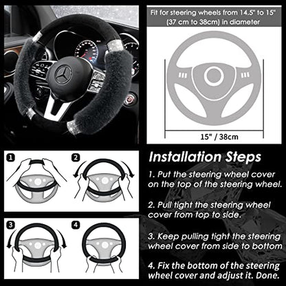 Achiou Rhinestone Fluffy Steering Wheel Cover - Comfortable Non-Slip Luxury Faux Wool, Universal Fit for 14.5" to 15" Steering Wheels - color: Black and Gray