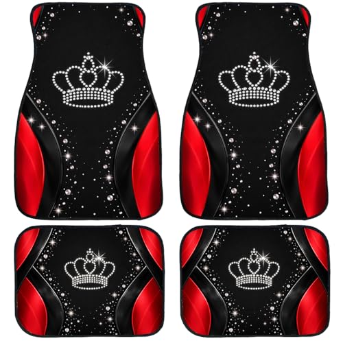Crown Car Floor Mats Set of 4 Rhinestone Red Black Glam Art Automotive Foot Mats Rugs Carpet for Car Non-Slip Auto Car Accessories Universal Fit Car Accessories for Truck - color: Crown