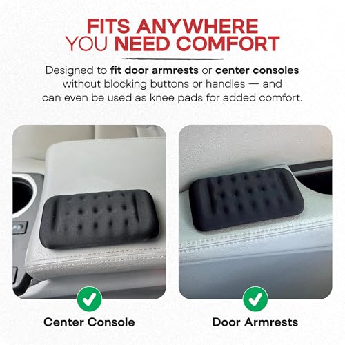 Elbow Rest Pads for Car, 2-Pack Memory Foam Armrest Cushions (5.1 x 2.6 in) for Door Armrest & Center Console, Slim Profile, High-Density Memory Foam, Non-Slip, Includes 4 Adhesive Hook & Loop Strips