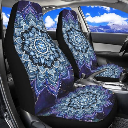 INSTANTARTS Blue Mandala Car Seat Covers 2 Piece Polyester Front Bucket Seat Protectors, Boho Style Soft & Durable, Universal Fit for Most Cars SUVs Sedan - color: Blue Mandala