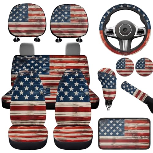American Flags Auto Front Rear Seat Cover Set for Women Car Accessories Cup Holders Car Armrest Cover Seat Covers Steering Wheel Cover Headrest Covers Universal Fit for Truck Vans Suvs - color: American Flags