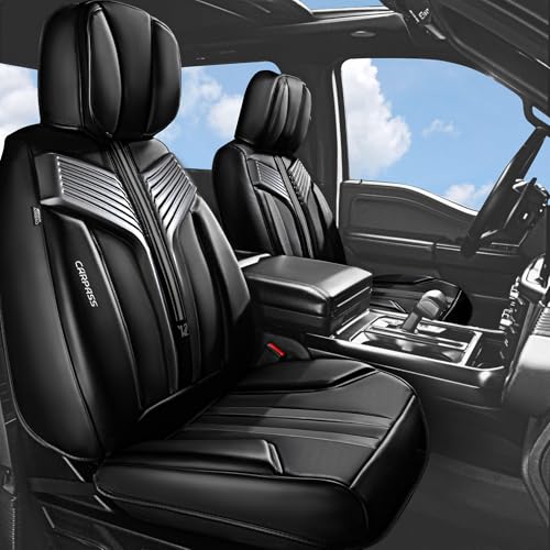 CAR PASS Nappa Leather Car Seat Covers Front Seats, Luxury Cushioned Front Seat Covers, Waterproof Drive Seats Anti-Slip Full Coverage Universal Fit for SUV Truck Sedan Automotive Black (2pcs, Black) - color: Black and Charcoal, size: Two Front Seats