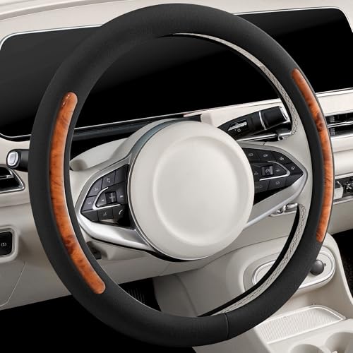 Steering Wheel Cover, Universal 15 inch, Faux Leather Steering Wheel Protector Anti-Slip, Breathable & Heating-Compatible for Cars Trucks SUVs Vans - color: Black