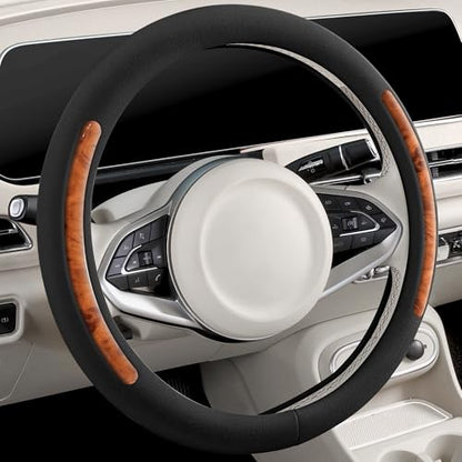 Steering Wheel Cover, Universal 15 inch, Faux Leather Steering Wheel Protector Anti-Slip, Breathable & Heating-Compatible for Cars Trucks SUVs Vans - color: Black