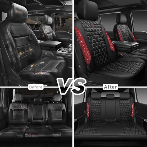 CAR PASS Bling Diamond Black Red Leather Car Seat Covers Full Set, Waterproof Shining Glitter Sparkly Crystal Universal Armrest Fit Automotive Truck SUV Women Girl, Rhinestone Interior Cover Set, Red - color: Red Rhinestone, size: Full Set