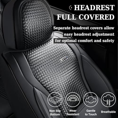 Coverado Seat Covers, Car Seat Covers Front Seats, Waterproof Nappa Leather Auto Seat Cover with Lumbar Head Pillow, Black Seat Covers Carseat Cover Universal Fit for Most Cars - color: Black（Pillow）, size: Front