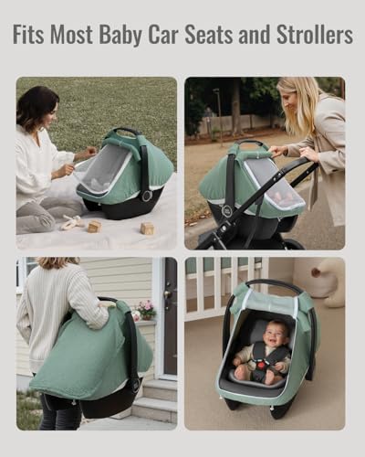 Blissful Diary Baby Car Seat Cover, Extra Large Mesh Window, Breathable Muslin Cotton, Infant Windproof Canopy, Must-Have Baby Gift - Roman Green - color: Roman Green